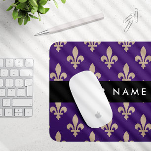 Fleur de Lis, Beige on Purple, Royal, Your Name Mouse Mat