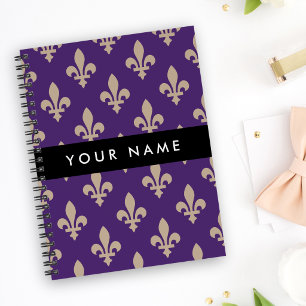 Fleur de Lis, Beige on Purple, Royal, Your Name Notebook