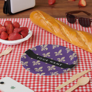Fleur de Lis, Beige on Purple, Royal, Your Name Paper Plate