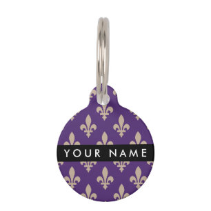 Fleur de Lis, Beige on Purple, Royal, Your Name Pet Tag