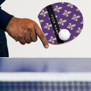 Fleur de Lis, Beige on Purple, Royal, Your Name Ping Pong Paddle