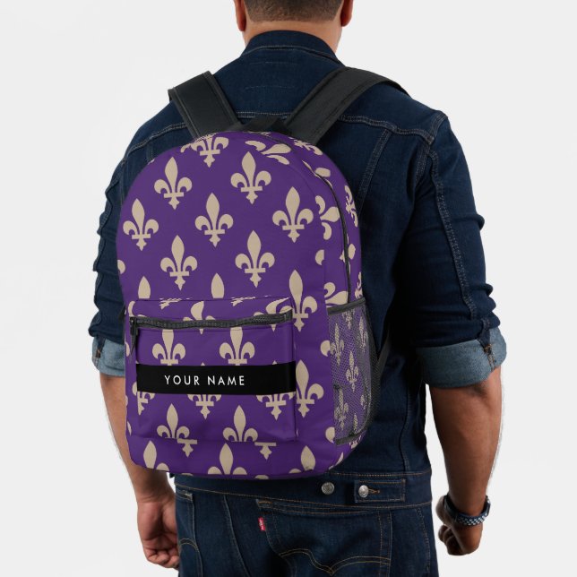 Fleur de Lis, Beige on Purple, Royal, Your Name Printed Backpack (Insitu (Model))