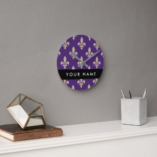 Fleur de Lis, Beige on Purple, Royal, Your Name Round Clock