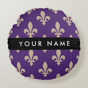 Fleur de Lis, Beige on Purple, Royal, Your Name Round Cushion