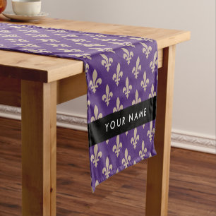 Fleur de Lis, Beige on Purple, Royal, Your Name Short Table Runner