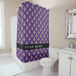 Fleur de Lis, Beige on Purple, Royal, Your Name Shower Curtain