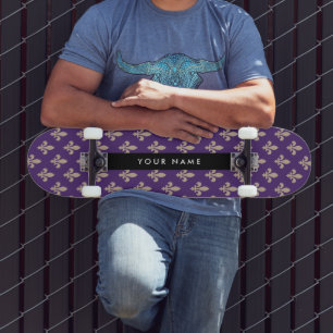 Fleur de Lis, Beige on Purple, Royal, Your Name Skateboard