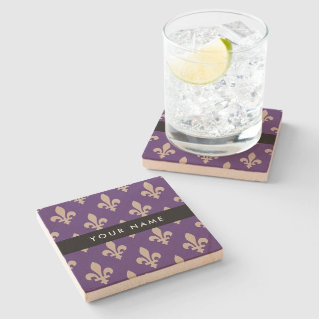 Fleur de Lis, Beige on Purple, Royal, Your Name Stone Coaster (Side)