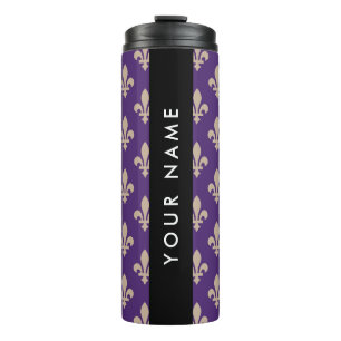 Fleur de Lis, Beige on Purple, Royal, Your Name Thermal Tumbler