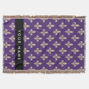 Fleur de Lis, Beige on Purple, Royal, Your Name Throw Blanket
