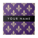 Fleur de Lis, Beige on Purple, Royal, Your Name Tile<br><div class="desc">Elegant,  stylish and sophisticated pattern with beige Fleur De Lis Pattern on purple background. Modern and trendy design,  perfect for the heraldry charge lover.</div>