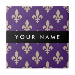 Fleur de Lis, Beige on Purple, Royal, Your Name Tile