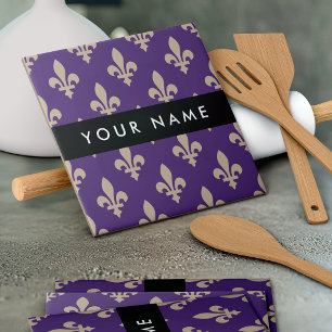 Fleur de Lis, Beige on Purple, Royal, Your Name Tile