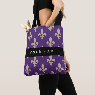Fleur de Lis, Beige on Purple, Royal, Your Name Tote Bag