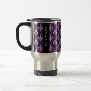 Fleur de Lis, Beige on Purple, Royal, Your Name Travel Mug