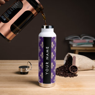 Fleur de Lis, Beige on Purple, Royal, Your Name Water Bottle
