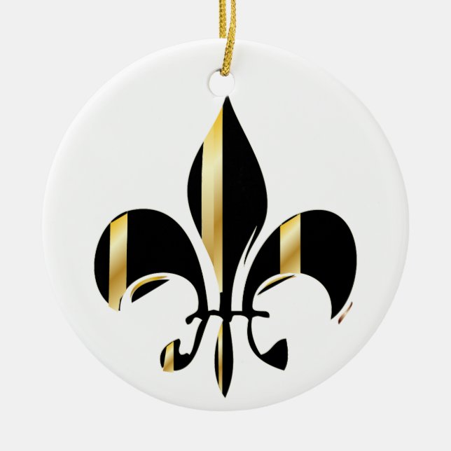 Fleur de Lis/black + gold Ceramic Tree Decoration (Front)
