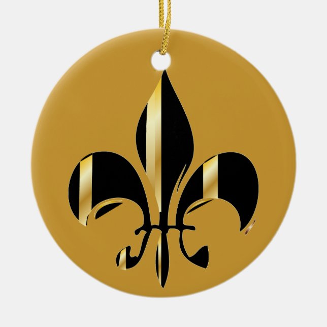 Fleur de Lis/black + gold Ceramic Tree Decoration (Front)