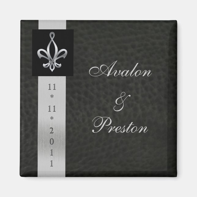Fleur De Lis Black Leather Save The Date Magnet (Front)