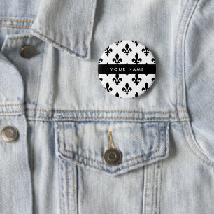 Fleur de Lis, Black on White, Black, Your Name 6 Cm Round Badge