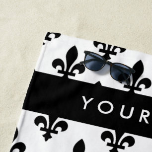 Fleur de Lis, Black on White, Black, Your Name Beach Towel