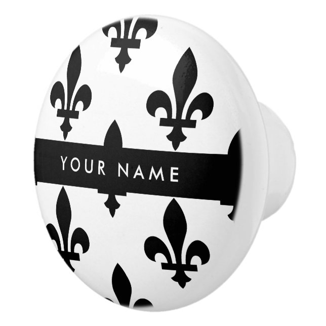 Fleur de Lis, Black on White, Black, Your Name Ceramic Knob (Right)
