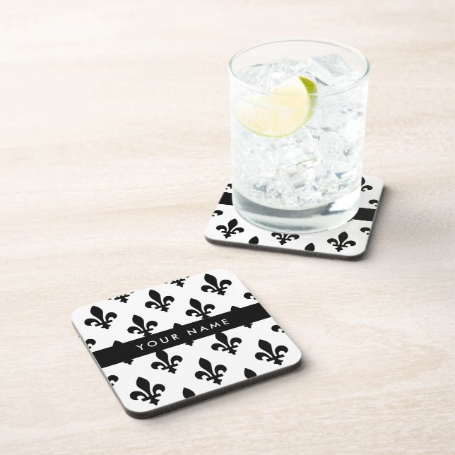 Fleur de Lis, Black on White, Black, Your Name Coaster (Right Side)