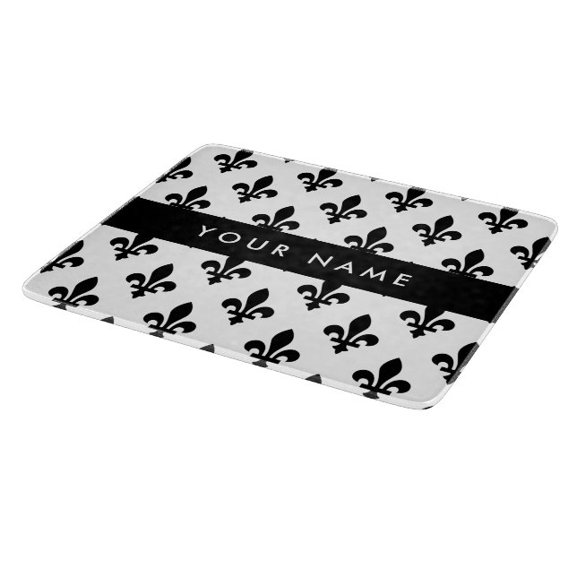 Fleur de Lis, Black on White, Black, Your Name Cutting Board (Corner)