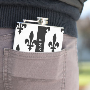 Fleur de Lis, Black on White, Black, Your Name Hip Flask
