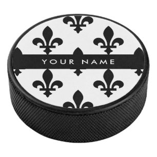 Fleur de Lis, Black on White, Black, Your Name Hockey Puck