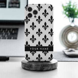 Fleur de Lis, Black on White, Black, Your Name iPhone 15 Pro Max Case