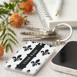 Fleur de Lis, Black on White, Black, Your Name Key Ring