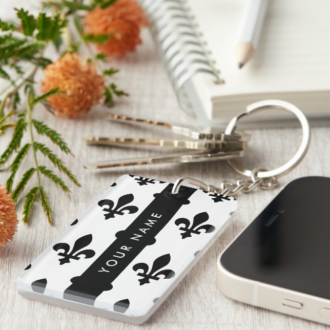 Fleur de Lis, Black on White, Black, Your Name Key Ring (Front Right)