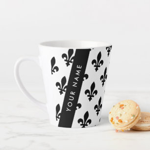 Fleur de Lis, Black on White, Black, Your Name Latte Mug
