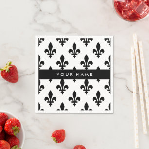 Fleur de Lis, Black on White, Black, Your Name Napkin