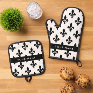Fleur de Lis, Black on White, Black, Your Name Oven Mitt & Pot Holder Set
