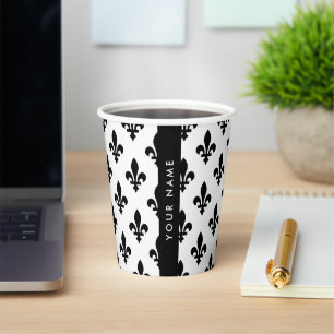 Fleur de Lis, Black on White, Black, Your Name Paper Cups