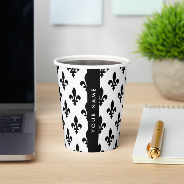 Fleur de Lis, Black on White, Black, Your Name Paper Cups (Insitu)