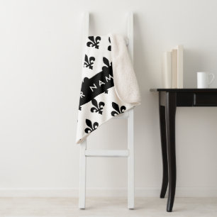 Fleur de Lis, Black on White, Black, Your Name Sherpa Blanket