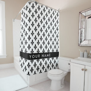 Fleur de Lis, Black on White, Black, Your Name Shower Curtain
