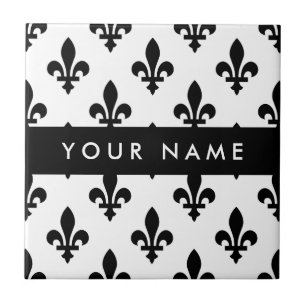 Fleur de Lis, Black on White, Black, Your Name Tile