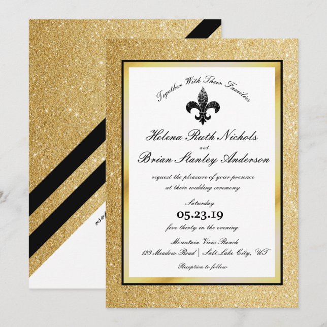 Fleur De Lis Black White Gold Glitter Wedding Invitation (Front/Back)