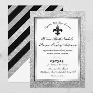 Fleur De Lis Black White Silver Glitter Wedding Invitation
