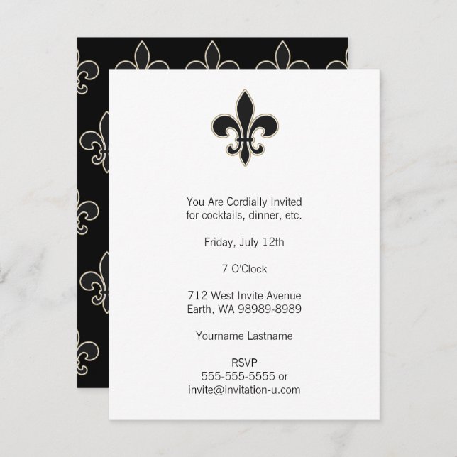 Fleur de Lis Black with White and Gold Invitation (Front/Back)