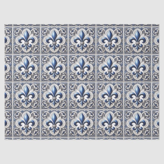Fleur De Lis Blue and White Tile Pattern Decoupage Tissue Paper (Front)