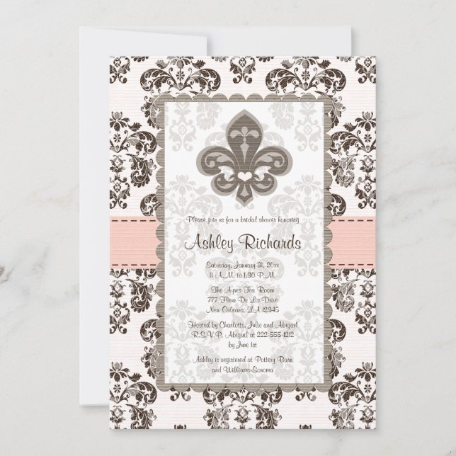 Fleur de Lis Bridal Shower Invitations Pink Brown (Front)