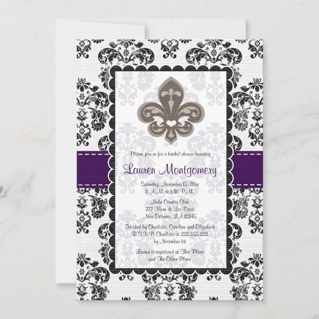Fleur de Lis Bridal Shower Invitations Plum Black (Front)