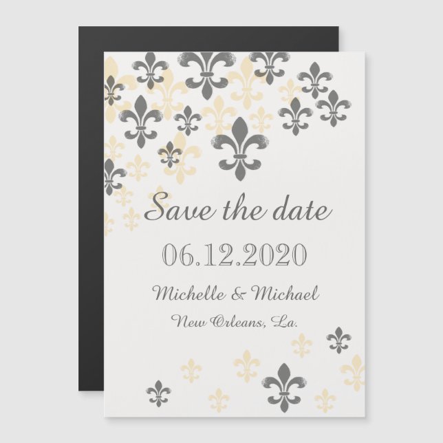 Fleur de Lis Cascade Magnetic Save the Date Black Magnetic Invitation (Front/Back)