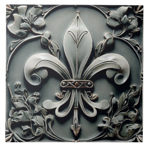 Fleur de Lis Charcoal Grey Dark Gray Faux Relief Tile