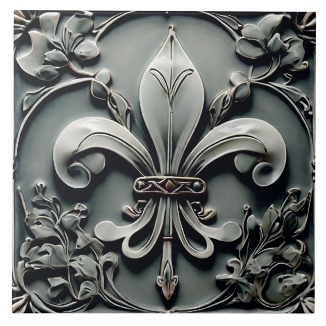 Fleur de Lis Charcoal Grey Dark Grey Faux Relief Tile (Front)